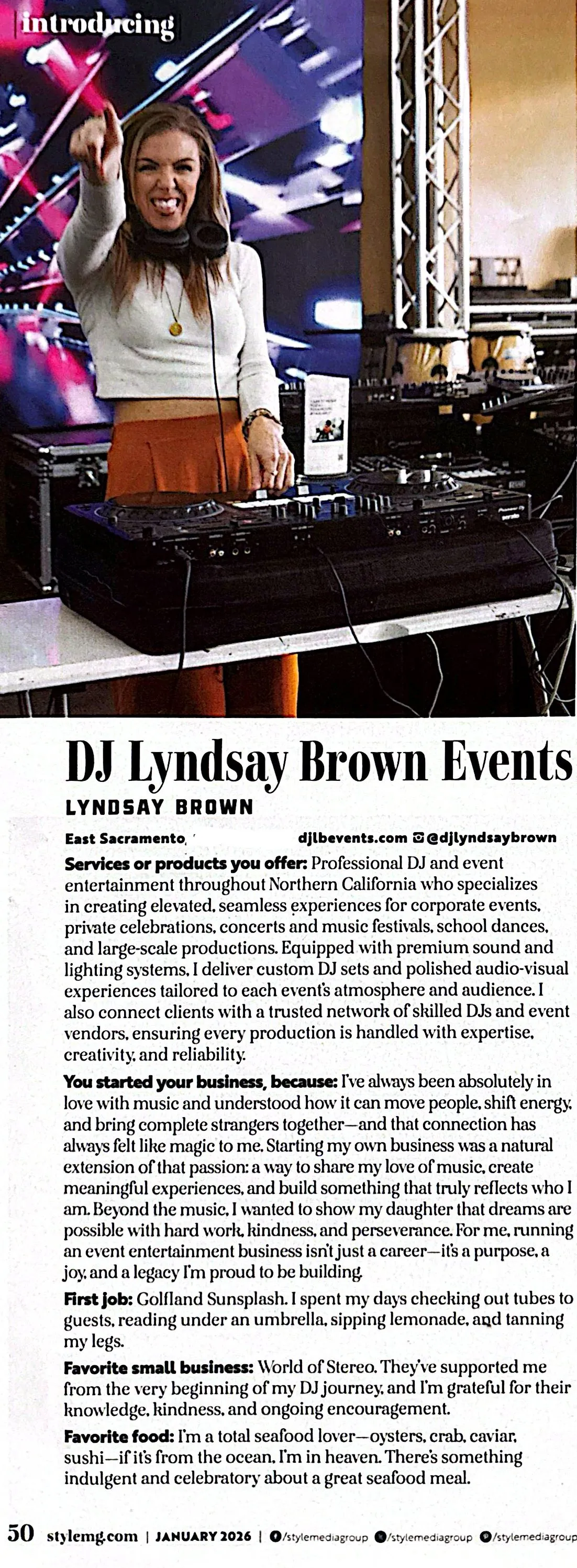 DJ Lyndsay Brown featured in Style magazine, January 2026